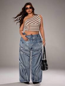 Jeanoix Quần jeans ống đứng dáng rộng, rách gấu, cỡ lớn, kiểu dáng thường ngày. - Màu xanh lam - Xem 4