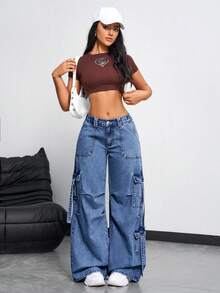 SHEIN EZwear 女士时尚工装口袋宽松牛仔裤 - 藍色 - 查看 6