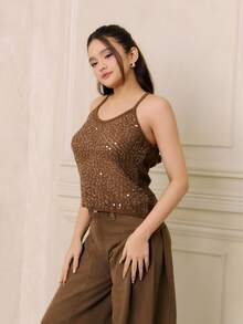 Criza Taa 吊带亮片细肩带上衣，适合春季、夏季、伊比沙岛、Y2K、酷女孩、音乐节、锐舞派对、度假、夜店、可爱秋季派对时尚毛衣 - 巧克力棕 - 查看 5