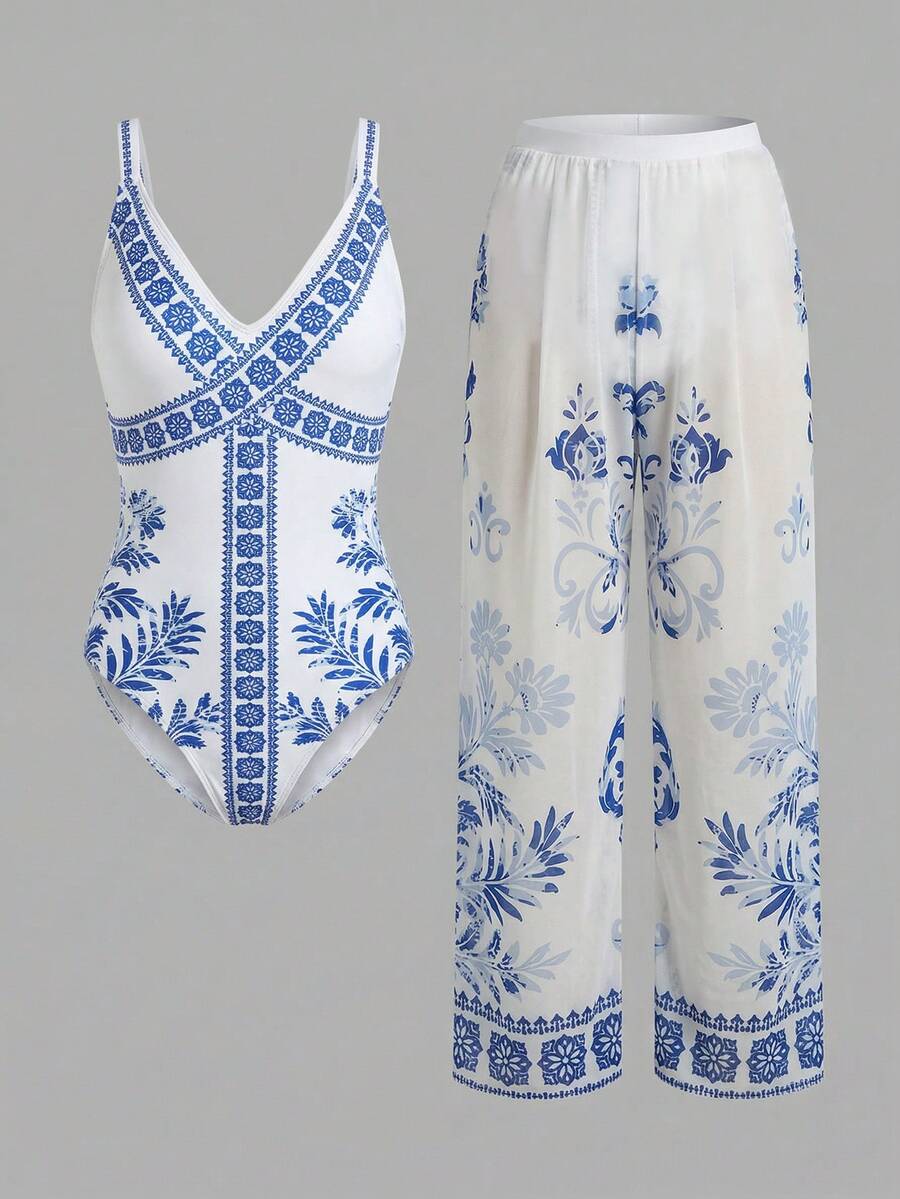 Swim Oasis 女士沙滩度假印花连体裤和长裤 - 藍色 - 查看 1