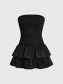 ROMWE 女士百搭荷叶边修身吊带连衣裙 - 黑色 - 查看 6