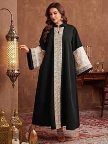 Al Najma Bata larga holgada de talla grande con parches negros, bordados florales y ribetes, estilo turco/árabe, de manga larga, nueva llegada para mujeres - Negro - Ver 3