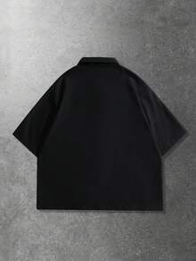 ROMWE MEN Men's Gothic Thorn & English Text Print Short Sleeve Shirt With Detachable Necktie, Spring/Summer - Black - View 2