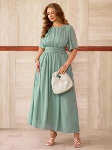 Roveilla 大码女士优雅休闲雪纺连衣裙，法式浪漫西西里风格，适合通勤、度假、下午茶、派对等场合，纯色，圆领，腰部褶裥设计，层叠荷叶边下摆，有衬里，无袖，及地长款 - 薄荷綠 - 查看 5