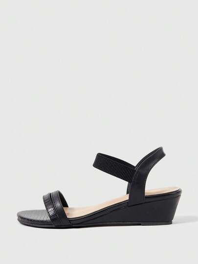 Sleekvia 女士夏季圆头黑色压纹弹力带简约通勤日常百搭职业舒适坡跟凉鞋