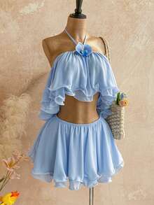 Soleia 女士度假风荷叶边露脐吊带上衣和迷你裙两件套 - 藍色 - 查看 4