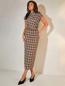 COSMINA Women's Stand Collar Ruched Plaid Fitted Long Dress - Multicolor - View 4