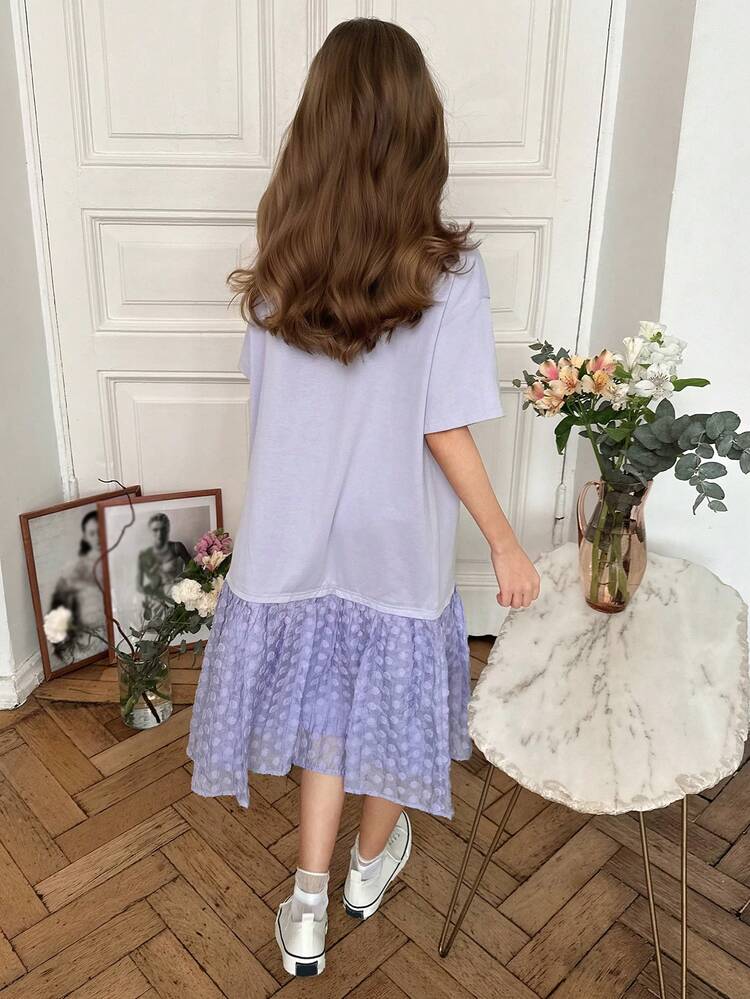 Tween Girl Round Neck Bow Decor Drop Shoulder Short Sleeve Casual Cute Dress Summer