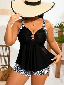 Swim Lushoire Plus Size Women Leopard Print Tankini Swimwear Set - Black - View 4