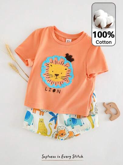 Cozy Pixies 2pcs/Set Baby Boy Cartoon Animal Pattern Knitted Soft Round Neck Short Sleeve Top With Elastic Waist Shorts Orange Outfit Baby Boy Summer Set Baby Clothes Set Summer Lion Outfit Baby Boy Clothes