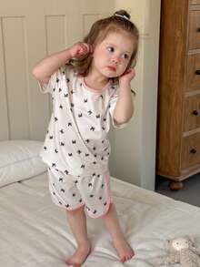 DAZY Baby Girls' Short Sleeve Shorts Pajama Set, Cute Bow Decor Sleepwear Toddler Girls Clothes - Apricot - View 5