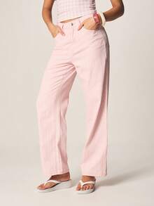 MISSGUIDED Quần jeans ống đứng cạp trung bình, chất liệu denim, họa tiết sọc dọc màu hồng, kiểu dáng rộng rãi, thích hợp mặc mùa hè, xuân, có túi hai bên. - Hồng - Xem 1