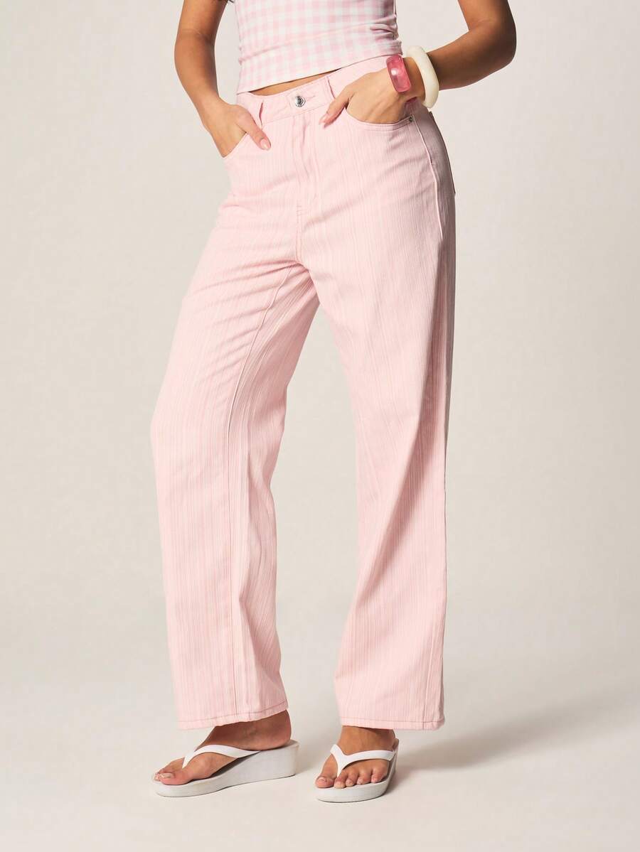 MISSGUIDED Quần jeans ống đứng cạp trung bình, chất liệu denim, họa tiết sọc dọc màu hồng, kiểu dáng rộng rãi, thích hợp mặc mùa hè, xuân, có túi hai bên. - Hồng - Xem 1