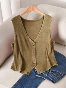 CosyJoli Plus Size Women Solid Color Vintage V-Neck Sleeveless Summer Front Button Comfortable Breathable Washed Tank Top - Brown - View 6
