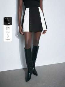 Maija 女士黑色亮片装饰褶皱A字裙，百搭时尚闪亮铆钉装饰褶皱裙，适合派对、约会、办公室、休闲、低调优雅的都市通勤、杂志编辑同款、轻松街头咖啡馆风、海滩等场合，春夏皆宜，情人节连衣裙、派对裙、春季女装、夏季S码、女士夏季裙装、情人节、女士海滩S码、优雅女士衬衫、夏季度假S码、女士休闲衬衫、黑白撞色、美甲、春假 - 黑與白 - 查看 2