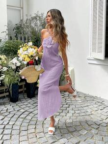 Sylviya 女士休闲3D立体花卉吊带开衩连衣裙，度假风 - 淡紫色 - 查看 4