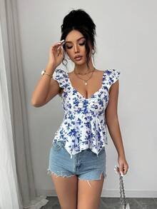 Rafferiza 女士时尚优雅小碎花印花短袖不对称下摆度假T恤，春秋季 - 藍色 - 查看 5