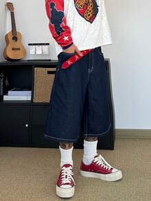 STEELVANCE Pantalones cortos vaqueros de pierna recta de estilo vintage y casual con bordado de bolsillo con dibujos animados, versátiles y - Azul lavado oscuro - Ver 4