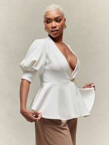 Vixey Women's Solid Puff Sleeve Peplum Hem Gold Button Accent Top - White - View 4