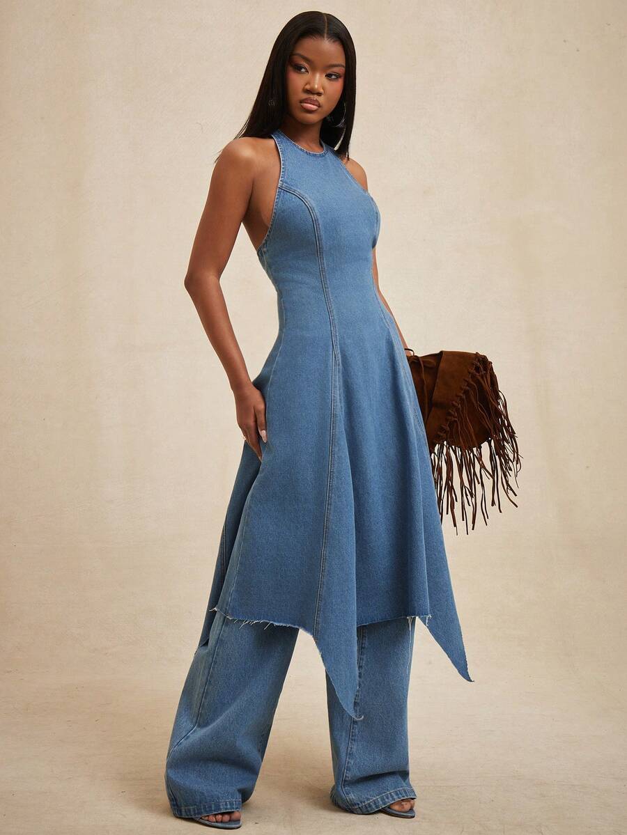 NYA SZN 女士露背收腰牛仔连衣裙，优雅适合约会和外出 - 中等水洗藍 - 查看 1