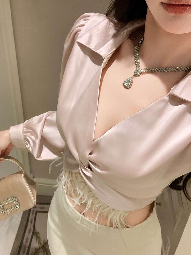 Women's Satin Blouse With Feather Design, Elegant Short Sleeve Shirt, Long Sleeve Top