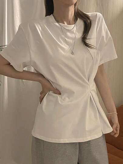 DAZY Women's White Round Neck Loose Fit Casual T-Shirt