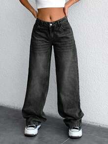 Low Waist Slant Pocket Casual Straight Cut Jeans - Dark Grey - View 5