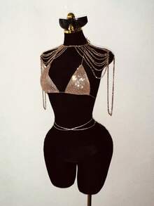 SHEIN DivaQ Women's Metal Chain Spaghetti Strap Top, Sexy Backless Personalized Chain Camisole, Street Style Metal Chain Shirt - Gold - View 3