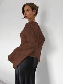 Almamuse 时尚浪漫性感纯色蕾丝前开襟纽扣长袖衬衫 - 棕色 - 查看 2