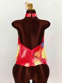 Amplova Camiseta sin mangas con cuello mao, estampado floral asimétrico y plisado de moda - Rojo - Ver 2