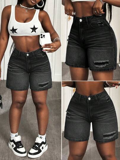 SHEIN SXY Plus Size Women Distressed Denim Skinny Fashionable Sexy Shorts