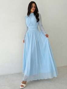 Firerie 女士优雅浪漫日常通勤海滩度假立领褶皱高腰A字喇叭长袖白色连衣裙 - 淺藍色 - 查看 5