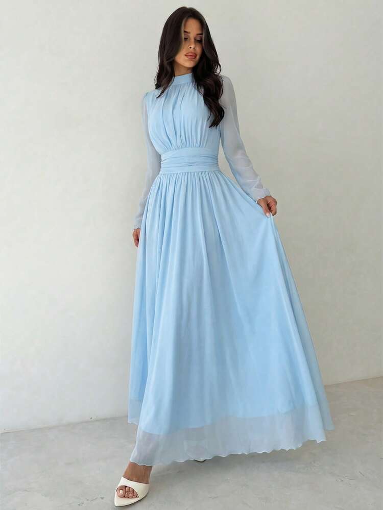 light blue long sleeve maxi dress Long Sleeve Side Leg Split Maxi Dress Blue