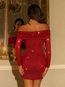 SHEIN ICON Foldover Off-Shoulder Mesh Rhinestone Embellished Mini Dress - Red - View 2