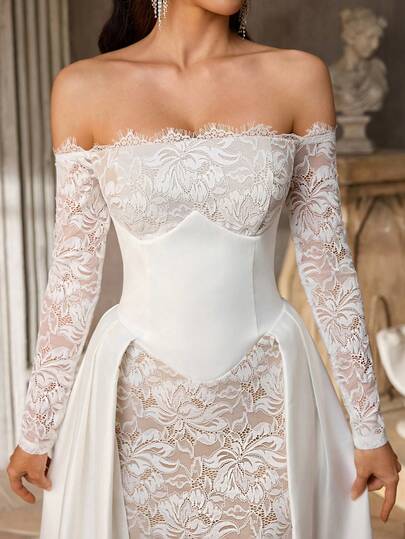 Aureia Elegant Luxury Romantic One-Shoulder French Embroidery Boned Lace Eyelash Collar Waistband Shapewear Mermaid Hem Maxi Formal Dress, Suitable For Weddings, Galas, And Formal Occasions