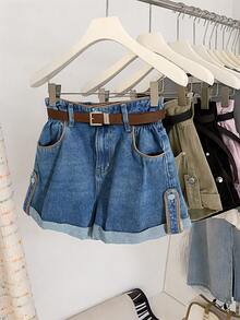 GlowEve 女士休闲时尚街头风日常通勤纸袋腰卷边水洗牛仔短裤，不含腰带 - 藍色 - 查看 4