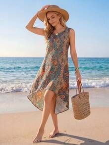 Sylviya 女士休闲佩斯利印花圆领无袖度假连衣裙 - 藍色 - 查看 3