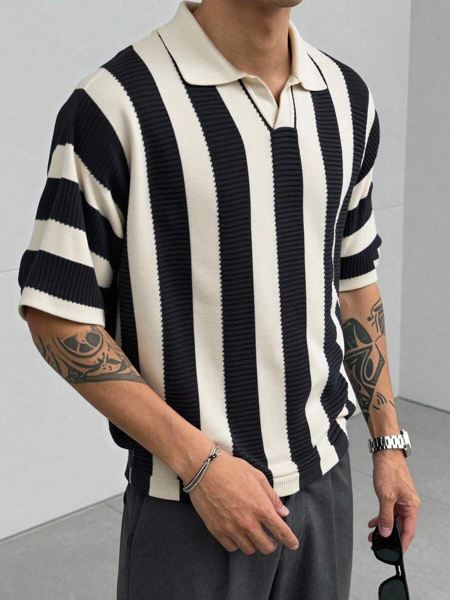 Manfinity Hypemode Men's Preppy Style Rib Knit Polo Top Black And White Stripe Short Sleeve Drop Shoulder Collar - Black - View 1