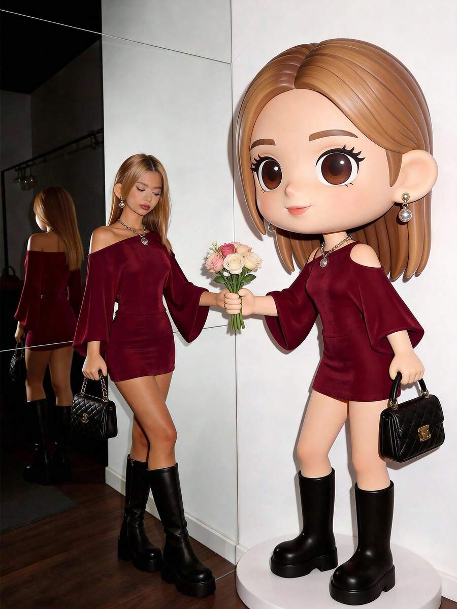 SHEIN PETITE Đầm ngắn trễ vai màu trơn gợi cảm thời trang nữ - Màu Đỏ Sâu - Xem 1