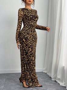 Rafferiza Petite 女士豹纹圆领长袖休闲长连衣裙套装 - 駝色 - 查看 3