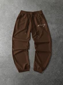 Manfinity Homme Men's Casual Letter Print Drawstring Waist Sports Pants, Autumn - Coffee Brown - View 4