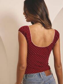 Aralina Winter / Summer Mesh Polka Dot Ruched Front Contrast Trims Cute Going Out Top - Burgundy - View 2