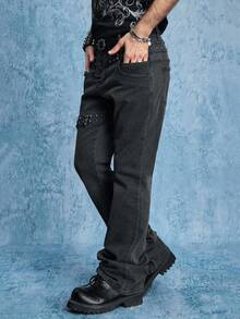 ROMWE MEN Men's Metal Rivet Layered Denim Jeans - Brown - View 6