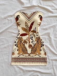 Soleia Casual Vacation Style Apricot Background Parrot Tiger Animal Coconut Tree Geometric Combination Retro Pattern Placement Print Women Mini Dress, Suitable For Spring/Summer Vacation - Multicolor - View 4