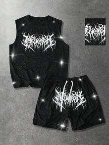 ROMWE MEN 男士无袖西装，美式街头休闲春夏款，银色面料英伦印花背心套装 - 黑色 - 查看 3