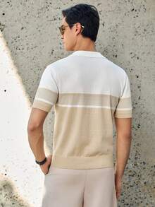 RONVEXI 男士撞色条纹图案短袖针织Polo衫夏季两件套 男士针织两件套 男士度假装 男士休闲短裤两件套 男士短款套装 - 杏色 - 查看 2