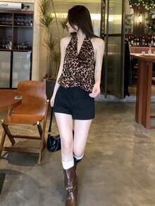 DAZY Áo hai dây cổ chữ V họa tiết da báo gợi cảm dành cho nữ, thiết kế thắt nút bất đối xứng, hở lưng, thích hợp cho mùa Thu/Đông. - Cà phê nâu - Xem 5