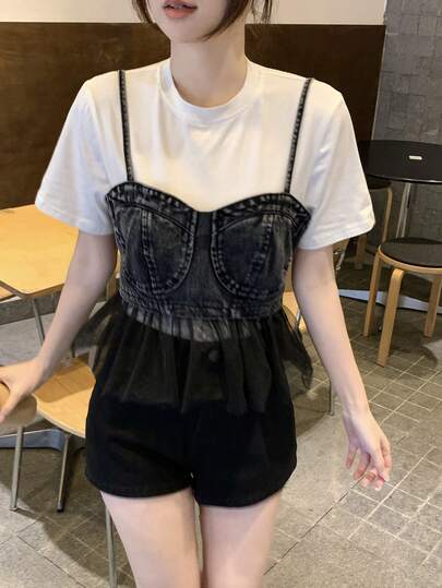 DAZY 女士网眼拼接韩版牛仔吊带背心