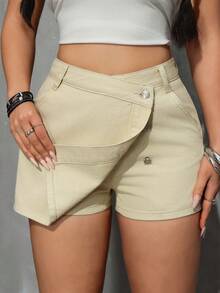 SHEIN PETITE Celana Pendek Denim Kasual Wanita Warna Polos Model Lilit, Musim Panas, Wanita Bertubuh Mungil - Kuning muda - View 3