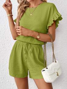SHEIN Essnce 2pcs Women Short Sleeve Top & Elastic Waist Shorts Set - Lime Green - View 4
